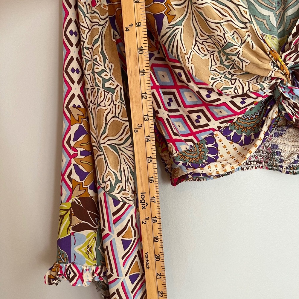 Zara Patchwork Print Boho Twist Front Cropped Bell Sleeve V-Neck Hippie Festival - Picture 6 of 8